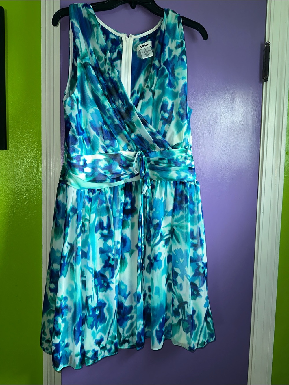 DKNY Teal and Blue Watercolor Wrap Dress